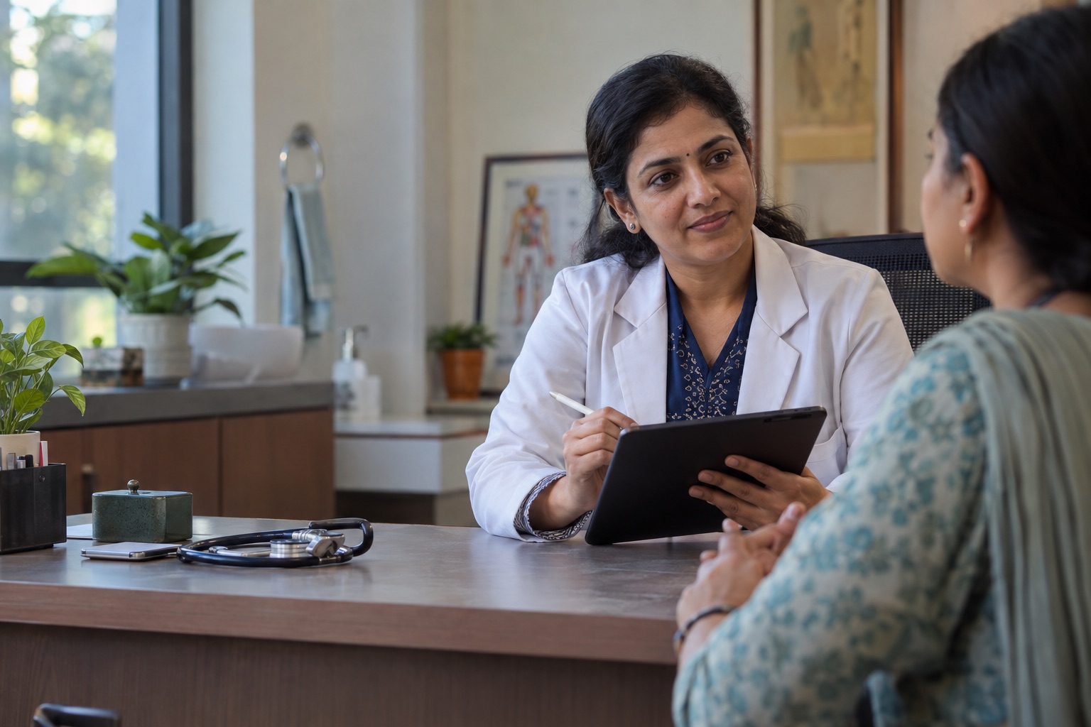 Doctor listens to a patient while holding a tablet and stylus during a clinic consultation