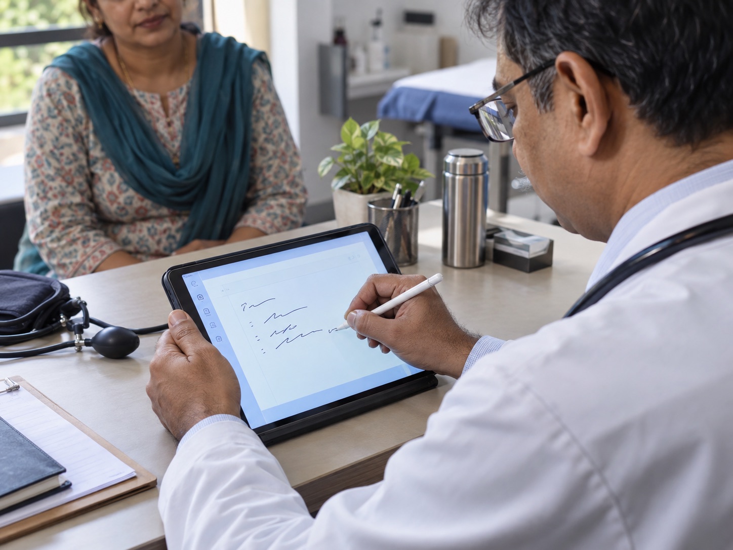 Doctor writes a digital prescription with a stylus while the patient remains part of the conversation