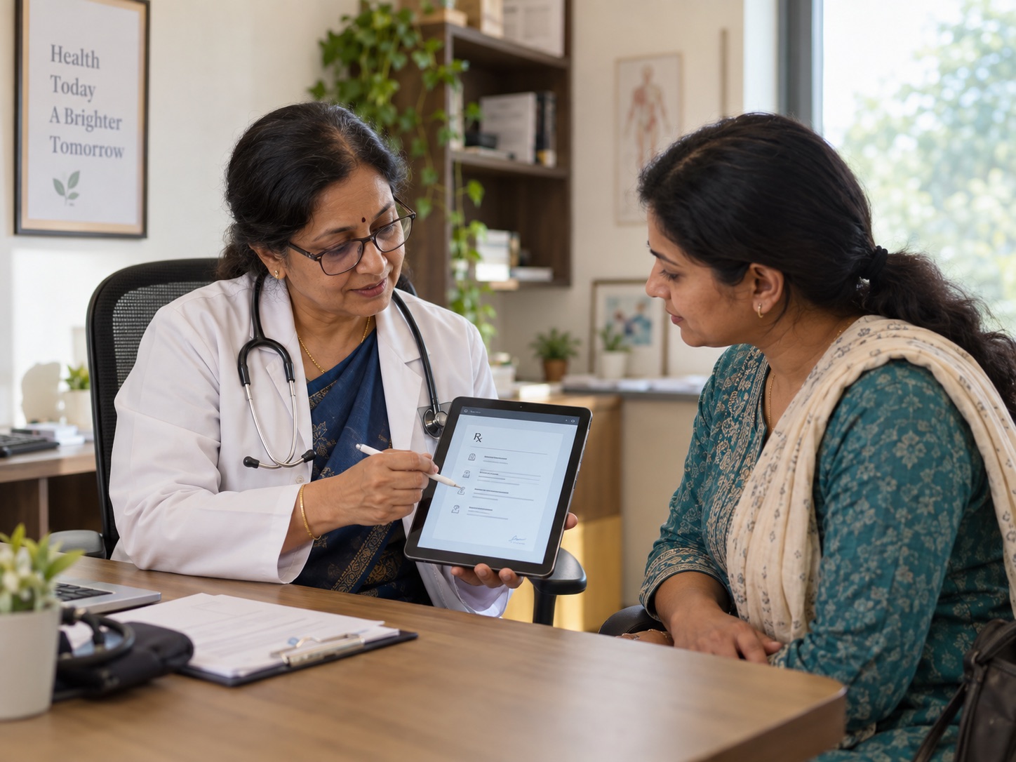 Doctor and patient review a completed prescription together on a tablet